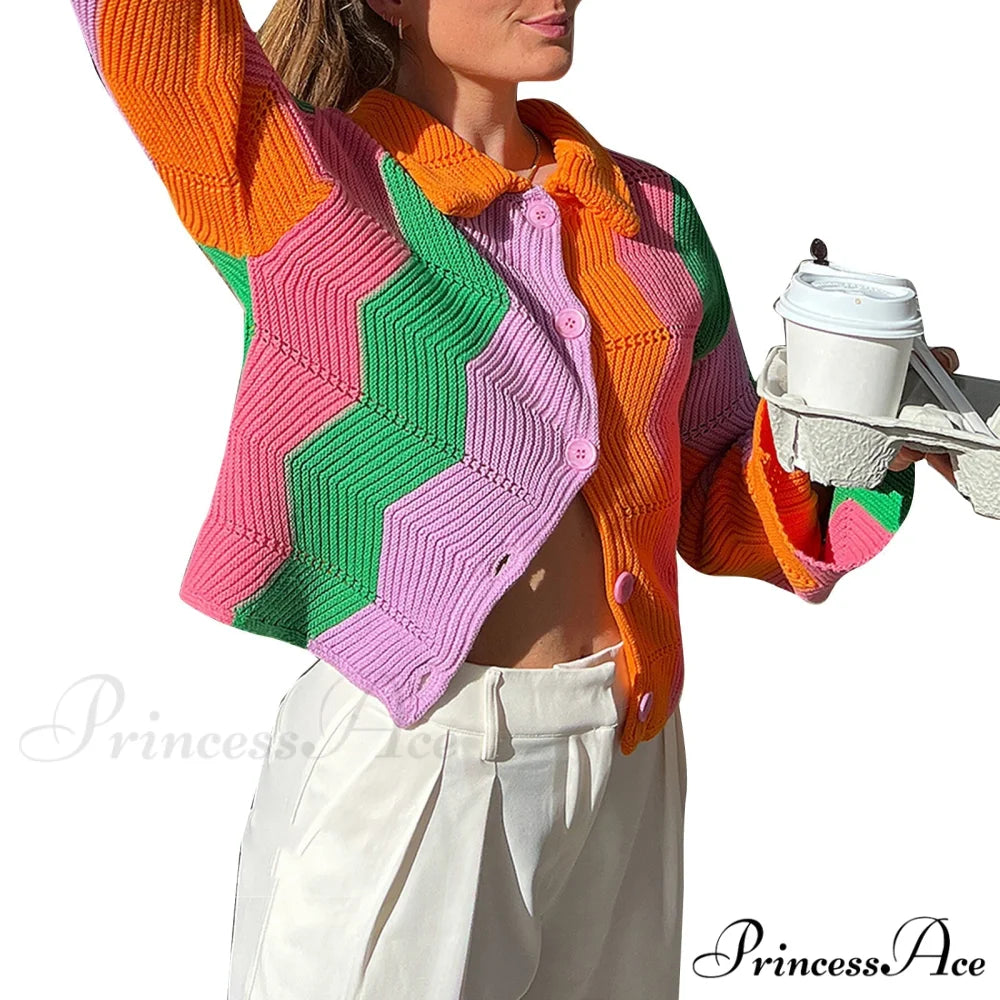 Multicolor Patchwork Sweet Girl Cardigan Orange / S