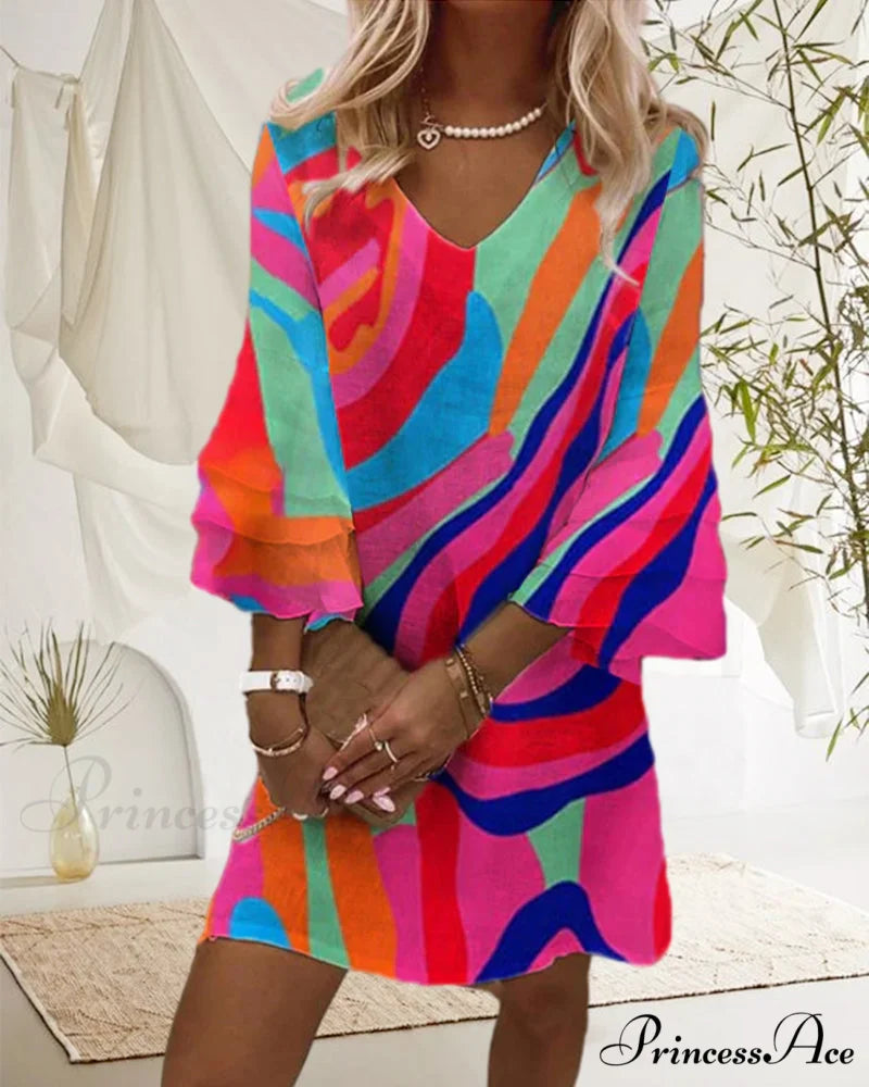 Multicolor Print Dress with Bell Sleeves
