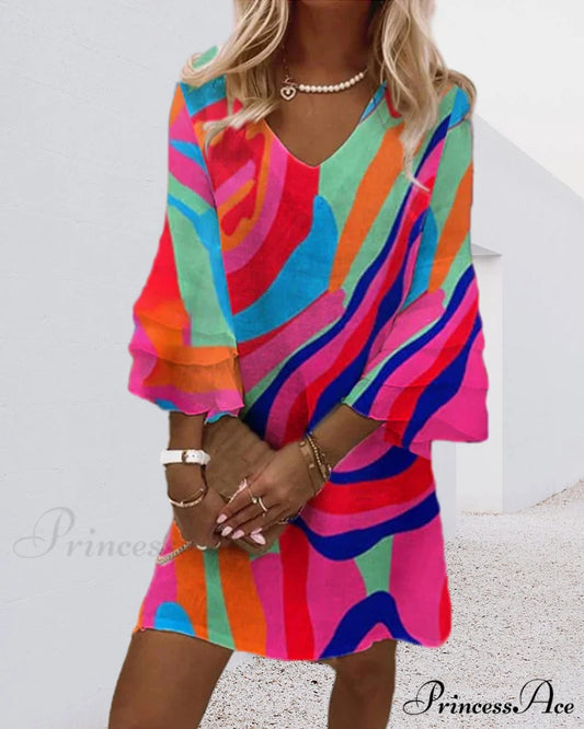 Multicolor Print Dress with Bell Sleeves