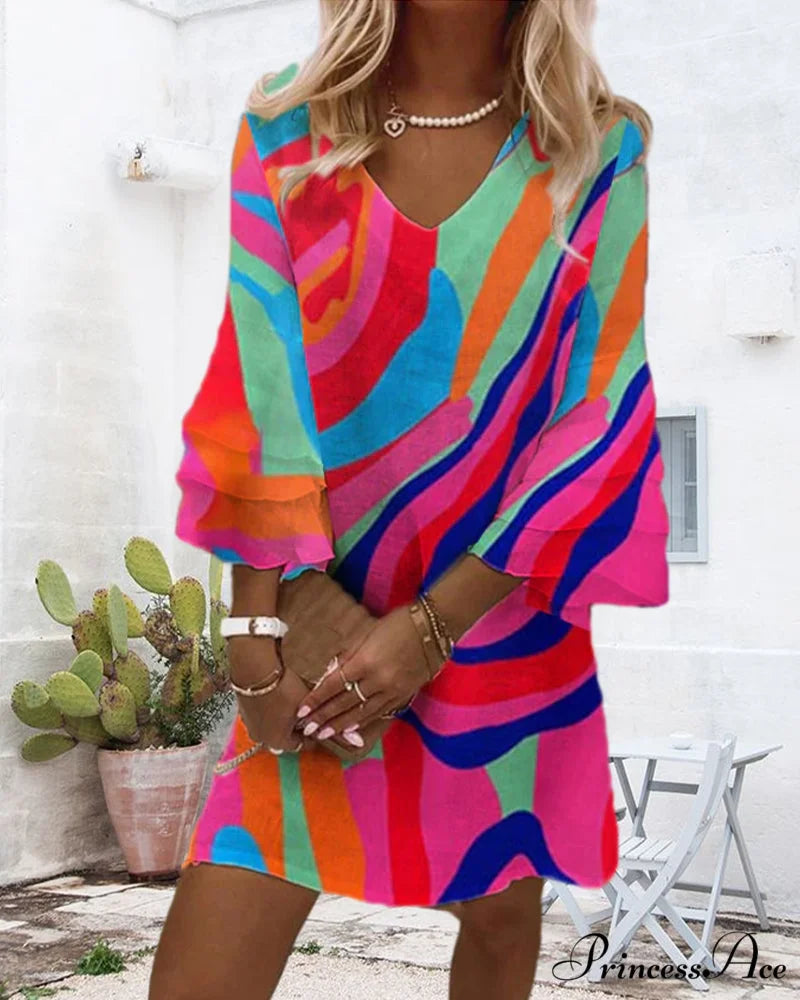 Multicolor Print Dress with Bell Sleeves
