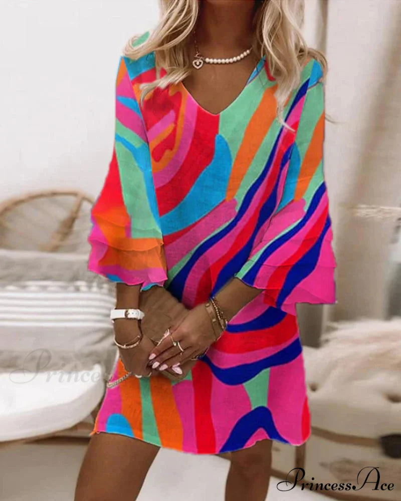 Multicolor Print Dress with Bell Sleeves Fuchsia / S