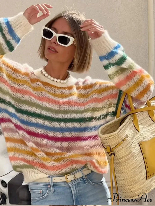 Multicolored Banded Crew Neck Sweater Multi Color / S swraters-241228