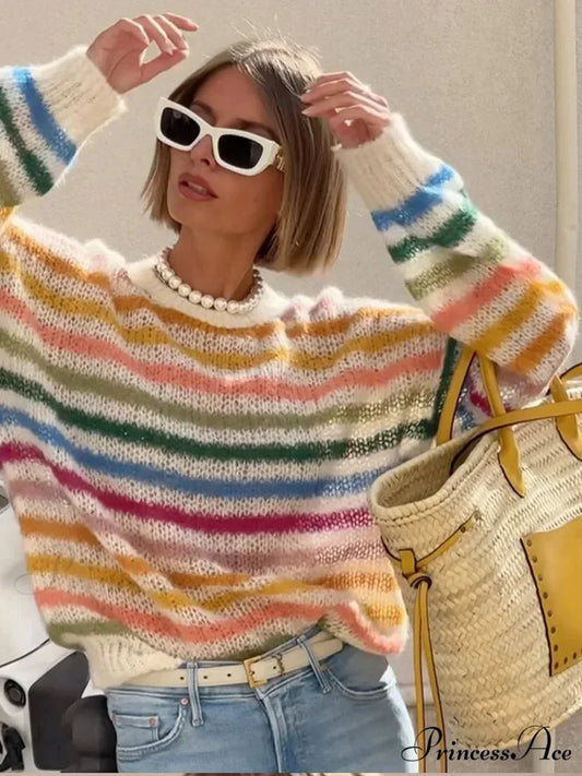 Multicolored Banded Crew Neck Sweater swraters-241228