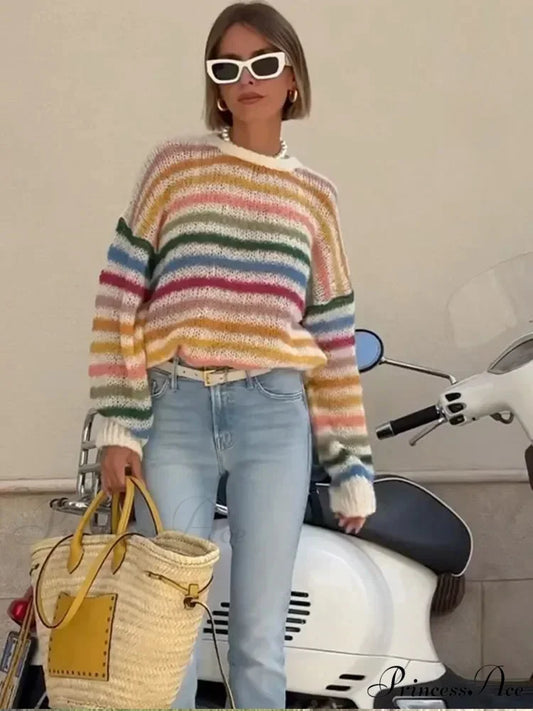 Multicolored Banded Crew Neck Sweater swraters-241228