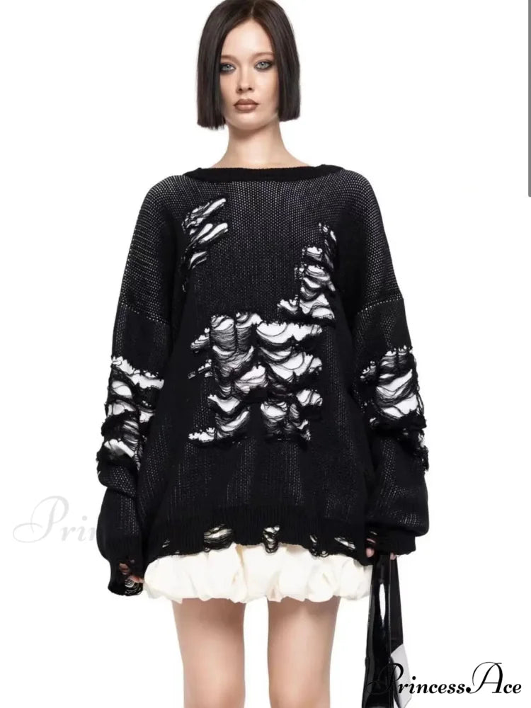 Multicolored Ripped Knit Pullover Jumper Black / S swraters-241228