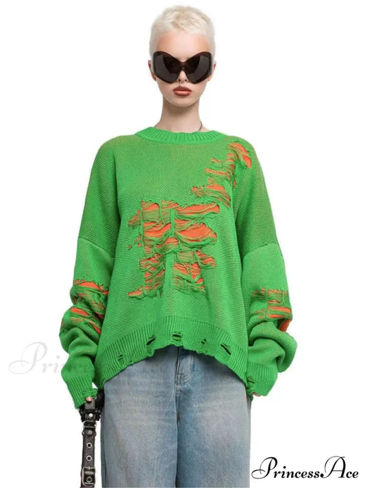Multicolored Ripped Knit Pullover Jumper Green / S swraters-241228