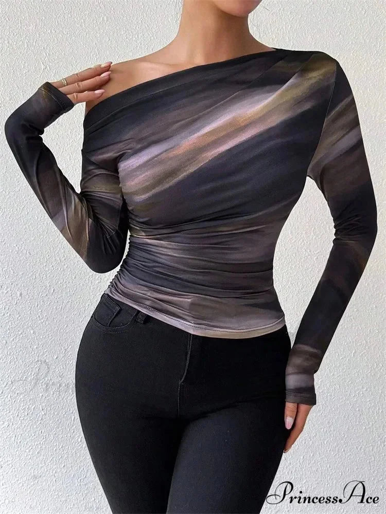 Multicolored Single Shoulder Form-Fitting Long Sleeve Knit Top knittop-250126