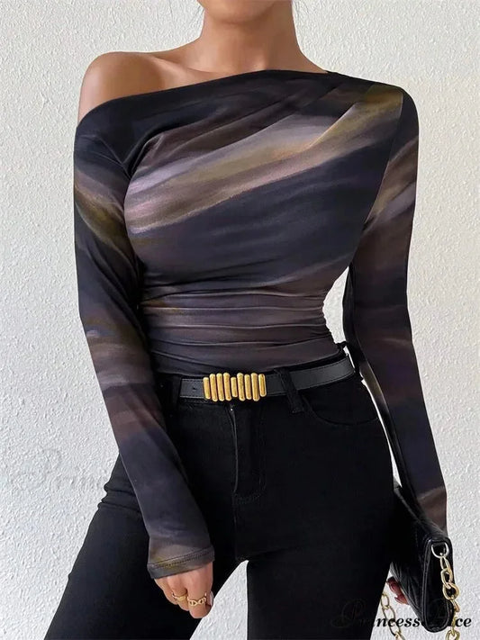 Multicolored Single Shoulder Form-Fitting Long Sleeve Knit Top Navy Blue / S knittop-250126