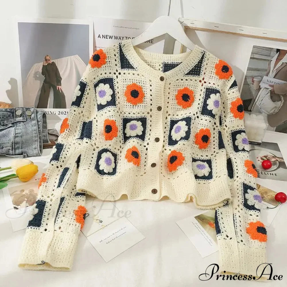 Multihued Y2K Baggy Crochet Knit Cardigan Beige / One Size cardiagn-250126