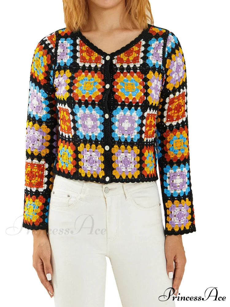 Multihued Y2K Baggy Crochet Knit Cardigan Black 2 / One Size cardiagn-250126