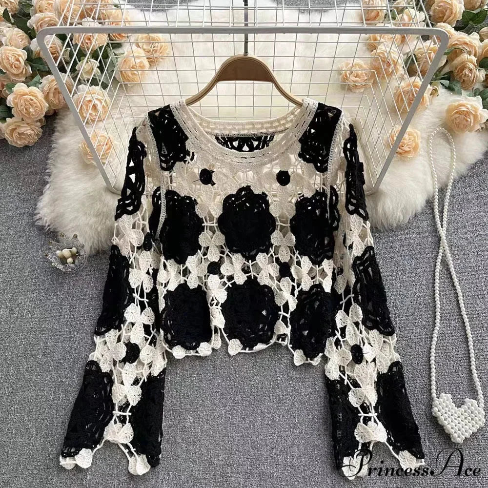 Multihued Y2K Baggy Crochet Knit Cardigan Black 21 / One Size cardiagn-250126