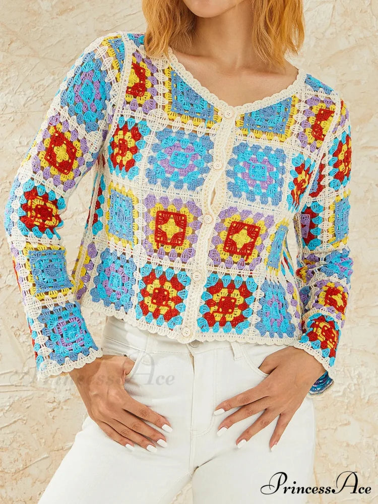 Multihued Y2K Baggy Crochet Knit Cardigan Blue / One Size cardiagn-250126