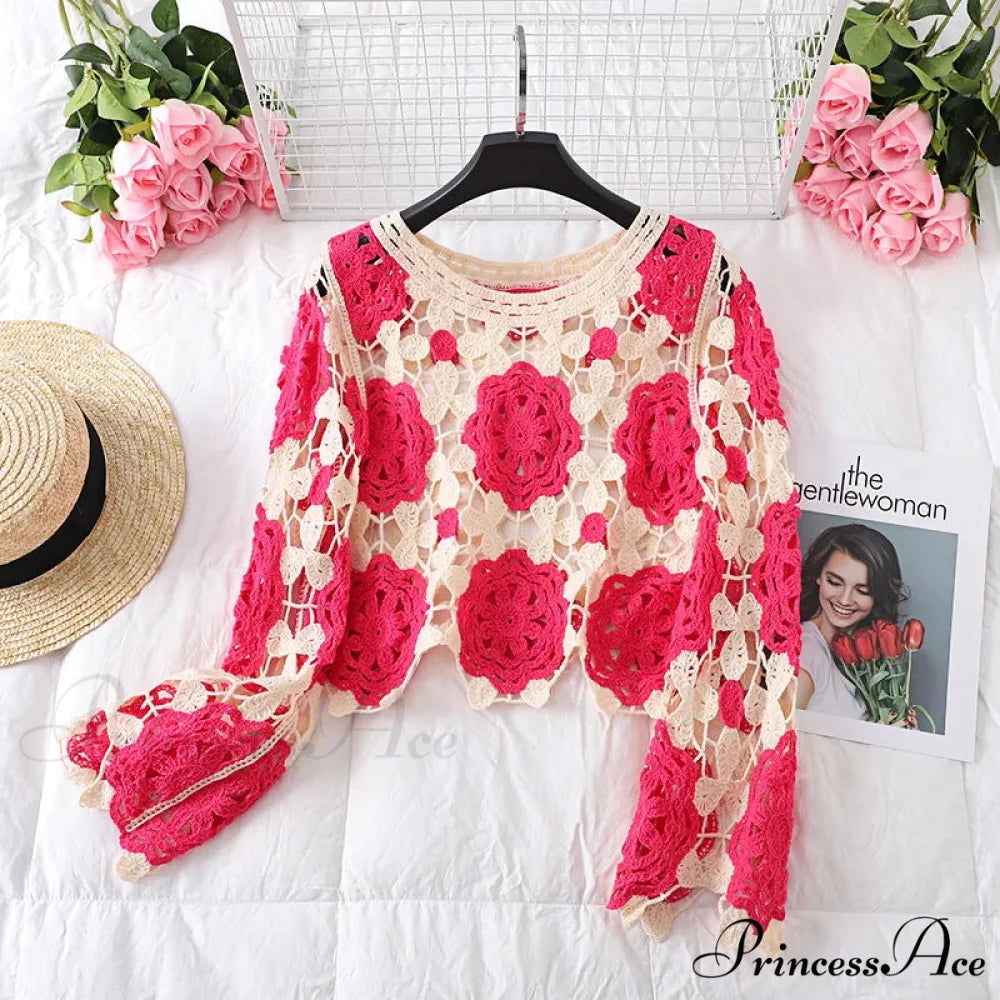 Multihued Y2K Baggy Crochet Knit Cardigan Burgundy / One Size cardiagn-250126