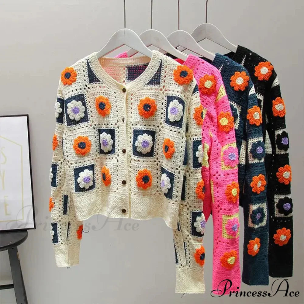 Multihued Y2K Baggy Crochet Knit Cardigan cardiagn-250126