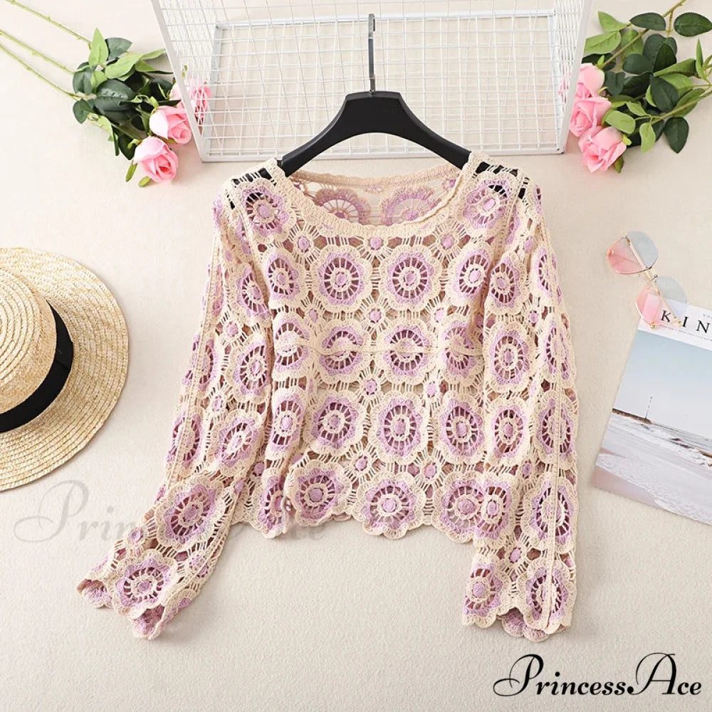 Multihued Y2K Baggy Crochet Knit Cardigan Lavender / One Size cardiagn-250126