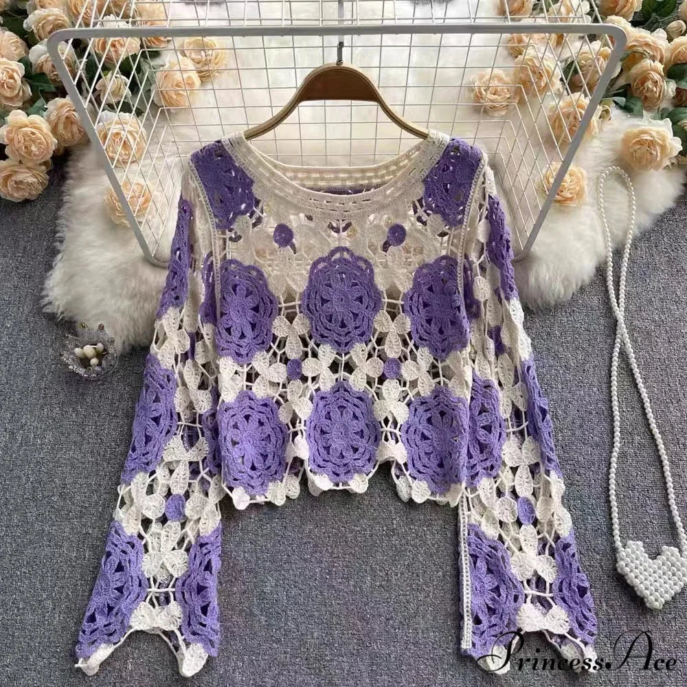 Multihued Y2K Baggy Crochet Knit Cardigan PURPLE / One Size cardiagn-250126