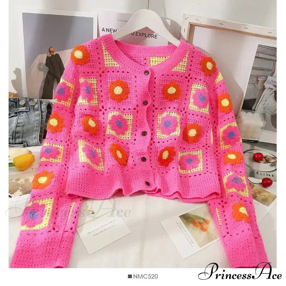 Multihued Y2K Baggy Crochet Knit Cardigan Rose Red / One Size cardiagn-250126