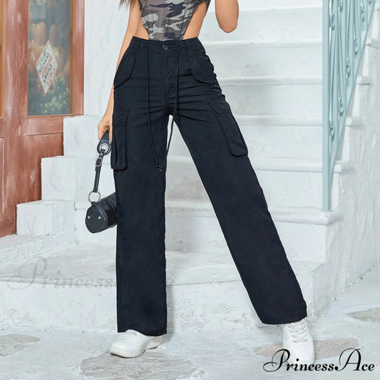 Multiple Pockets Straight Wide Leg Trousers Black / S