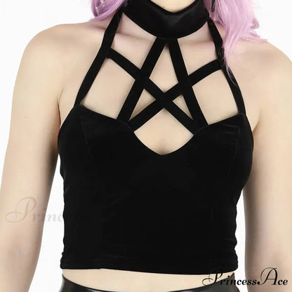 Mysterious Sexy Cross Gothic Casual Hollow Out Summer Crop Top Black / S