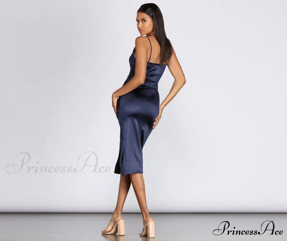 Nadine Formal Ruched Charming Satin Midi Dress