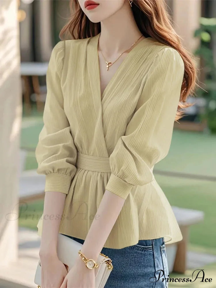 Narrowed Striped Lantern Sleeve Tunic Blouse Khaki / S blouse-250126