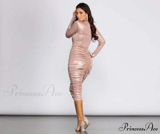 Natalia Metallic Stylish Ruched Midi Dress