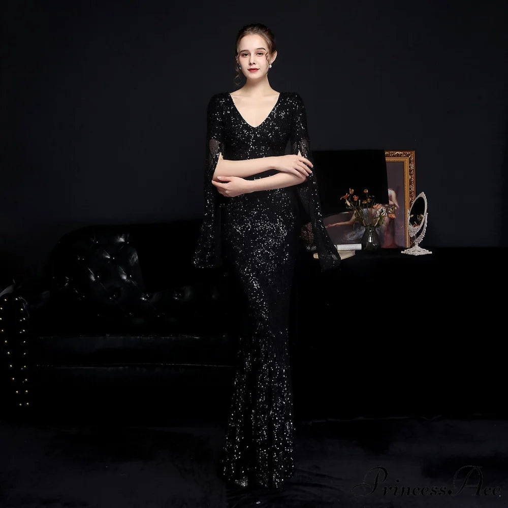 Natalie Open Sleeve Charming Formal Sequined Mermaid Dress BLACK / XS