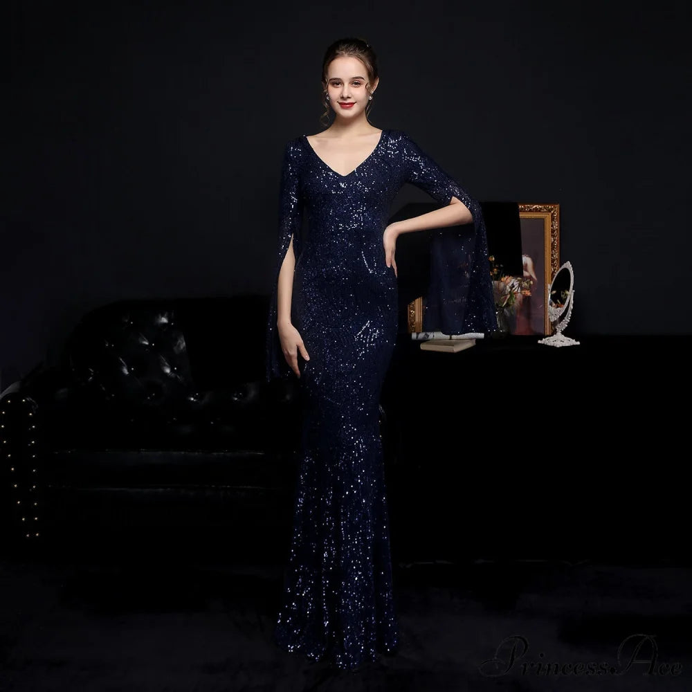 Natalie Open Sleeve Charming Formal Sequined Mermaid Dress NAVY / S