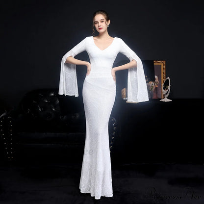 Natalie Open Sleeve Charming Formal Sequined Mermaid Dress WHITE / XS