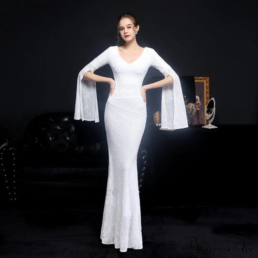 Natalie Open Sleeve Charming Formal Sequined Mermaid Dress WHITE / XS