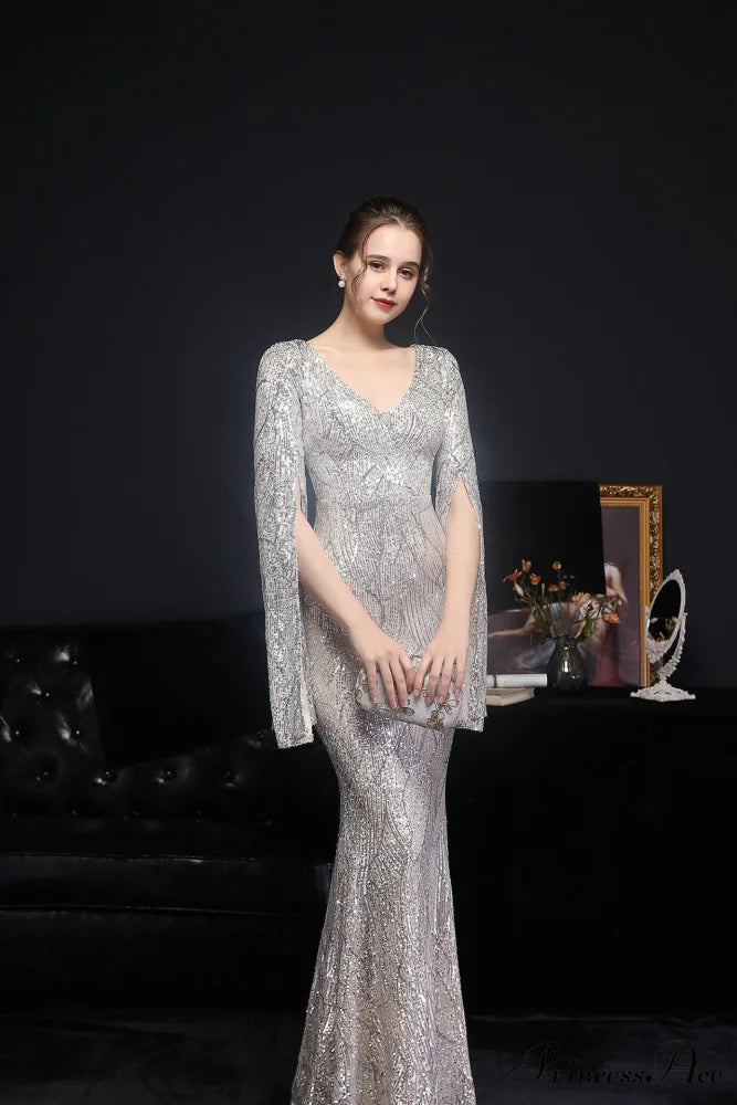 Natalie Open Sleeve Charming Formal Sequined Mermaid Dress XILVER / XS