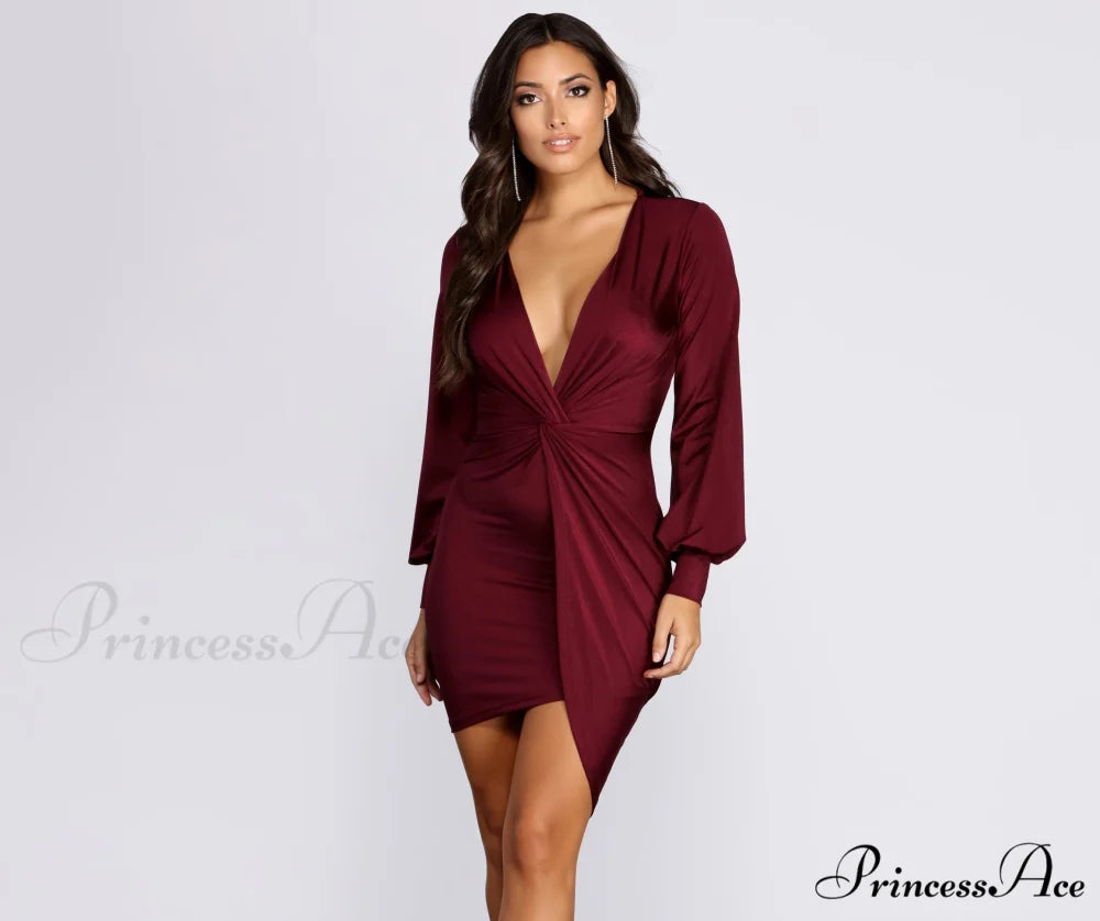 Natural Attraction Stylish Mini Knot Dress BURGUNDY / XS
