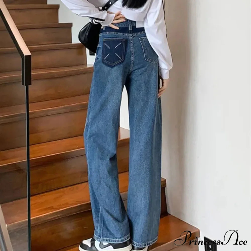 Natural Waist New Button Minimalist Trendy Summer Ins Wash Long Harajuku Wide Leg Black Jean deep blue / XS