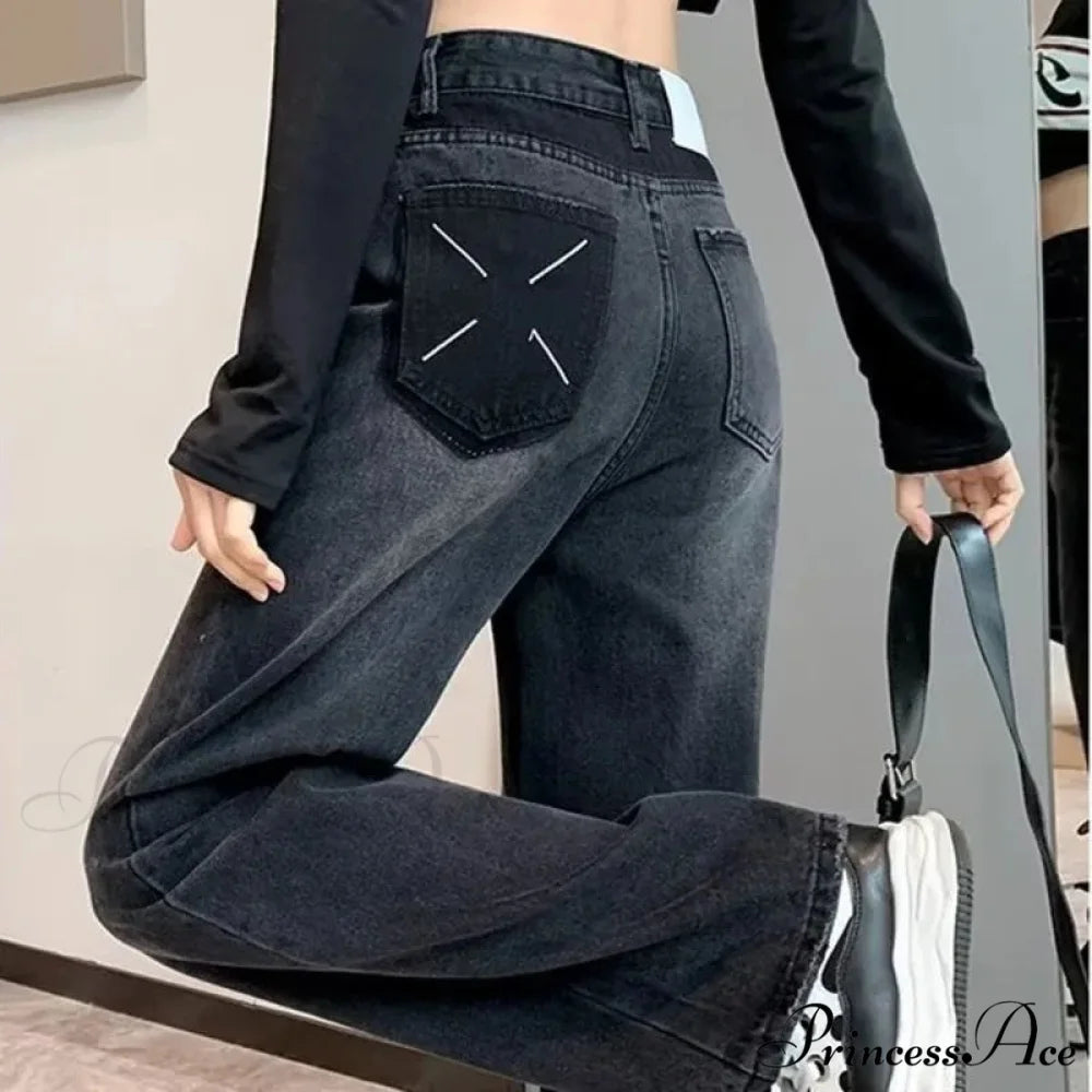 Natural Waist New Button Minimalist Trendy Summer Ins Wash Long Harajuku Wide Leg Black Jean Black / XS