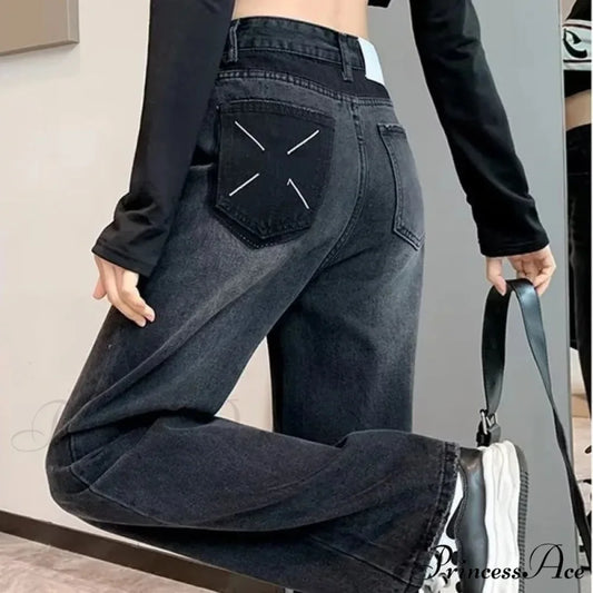 Natural Waist New Button Minimalist Trendy Summer Ins Wash Long Harajuku Wide Leg Black Jean Black / XS