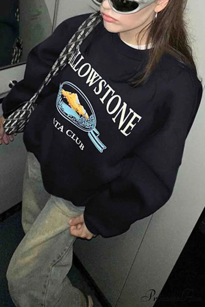 Navy Blue Crew Neck Long Sleeve Sweatshirt with Print