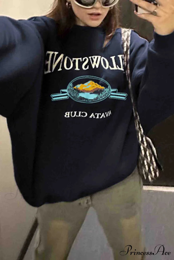 Navy Blue Crew Neck Long Sleeve Sweatshirt with Print