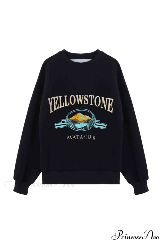 Navy Blue Crew Neck Long Sleeve Sweatshirt with Print Navy Blue / M