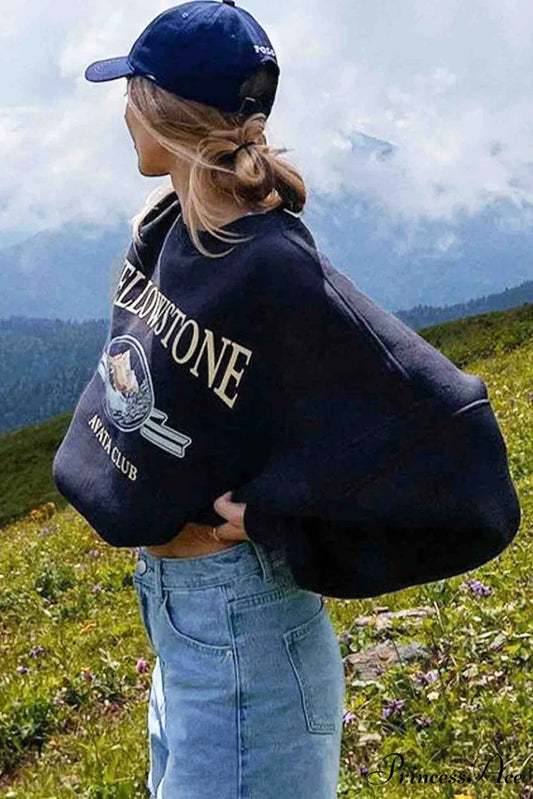 Navy Blue Crew Neck Long Sleeve Sweatshirt with Print Navy Blue / S