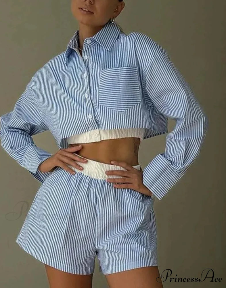 Navy Blue Patchwork Pleated Mini Workplace Two Piece Set Blue / S officetwopieceset-250223