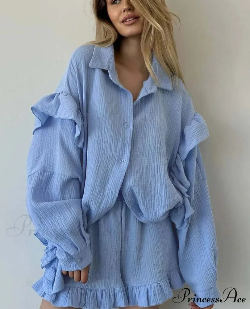 Navy Cotton Collar Frilled Blouse Workplace Two Piece Set Blue / S officetwopieceset-250223