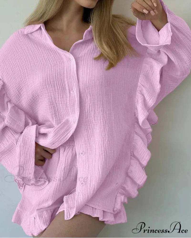 Navy Cotton Collar Frilled Blouse Workplace Two Piece Set Pink / S officetwopieceset-250223