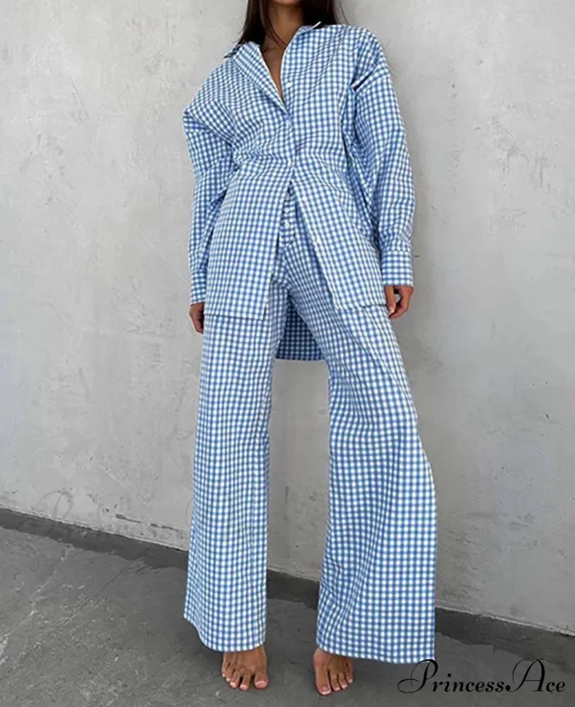 Navy Cotton Pattern Collar Straight Trousers Work Two Piece Set Blue / S officetwopieceset-250223
