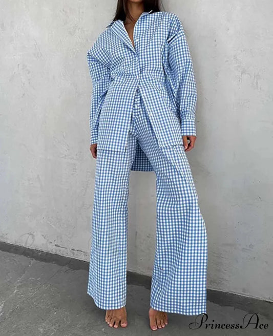 Navy Cotton Pattern Collar Straight Trousers Work Two Piece Set Blue / S officetwopieceset-250223