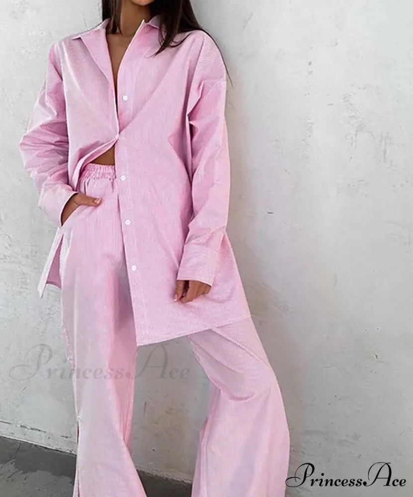 Navy Cotton Pattern Collar Straight Trousers Work Two Piece Set Pink / S officetwopieceset-250223