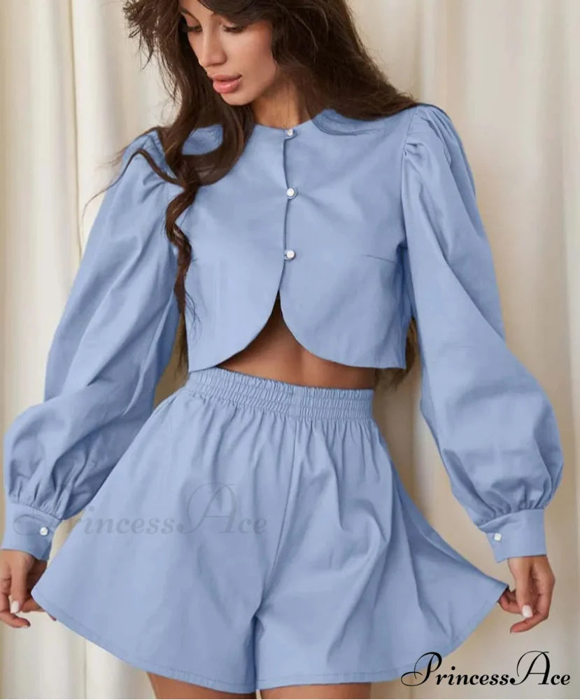 Navy Cotton Round Neck Short Office Two Piece Set Blue / S officetwopieceset-250223