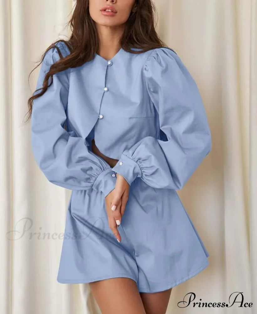 Navy Cotton Round Neck Short Office Two Piece Set officetwopieceset-250223