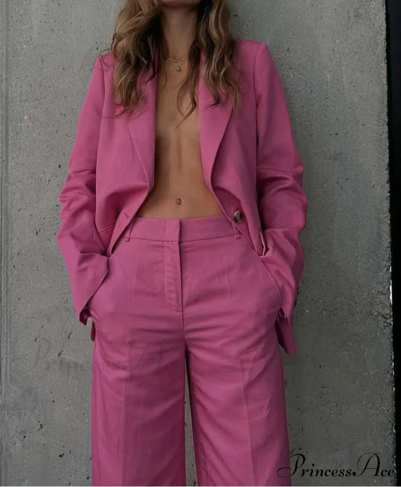 Navy Cotton Solo Button Broad Trousers Workplace Two Piece Set Pink / S officetwopieceset-250223
