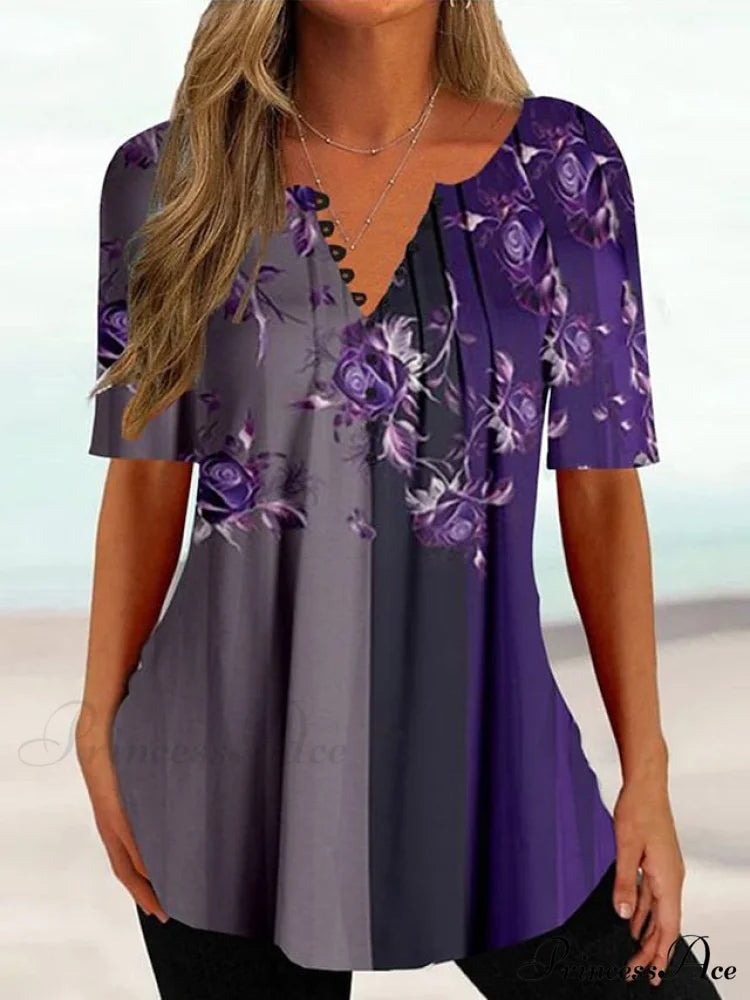 Navy Fit Flowered Women’s in Brief Blue Painting Button Tunic White Sleeve Regular Neck Black with Flowered Print Round
