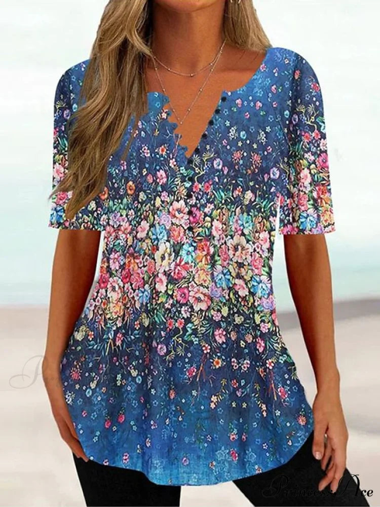 Navy Fit Flowered Women’s in Brief Blue Painting Button Tunic White Sleeve Regular Neck Black with Flowered Print Round